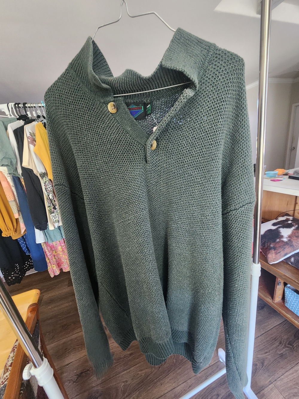 Men's Green Knit Button-Detail Crewneck Sweater